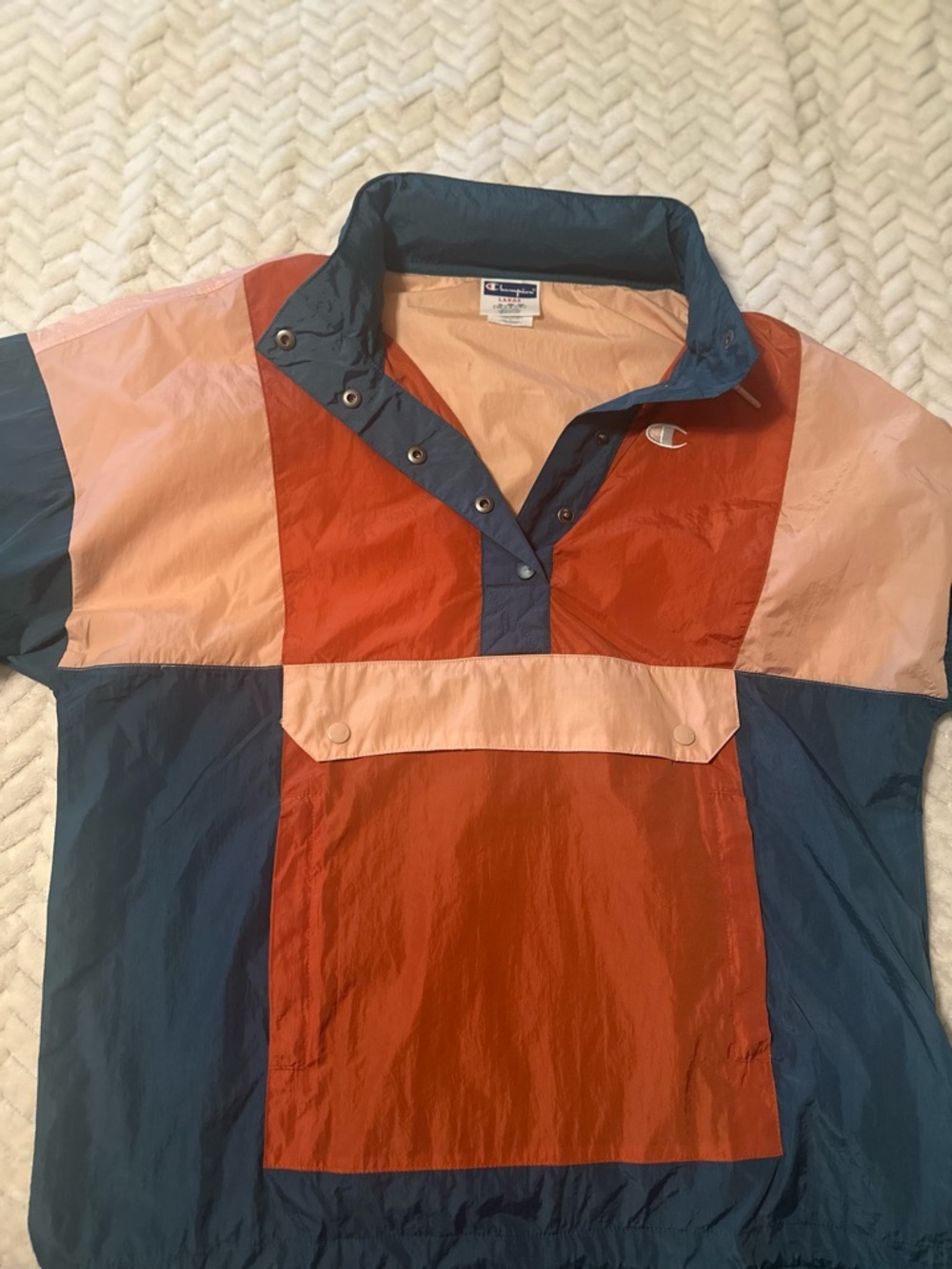 Retro Champion Colorblock Anorak Pullover Hoodie - Coral, Teal & Blush Size L